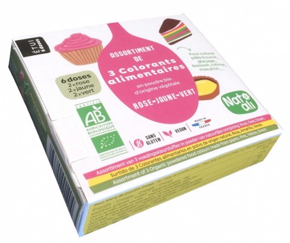 Assortiment de 3 colorants alimentaires en poudre BIO d'origine végétale.